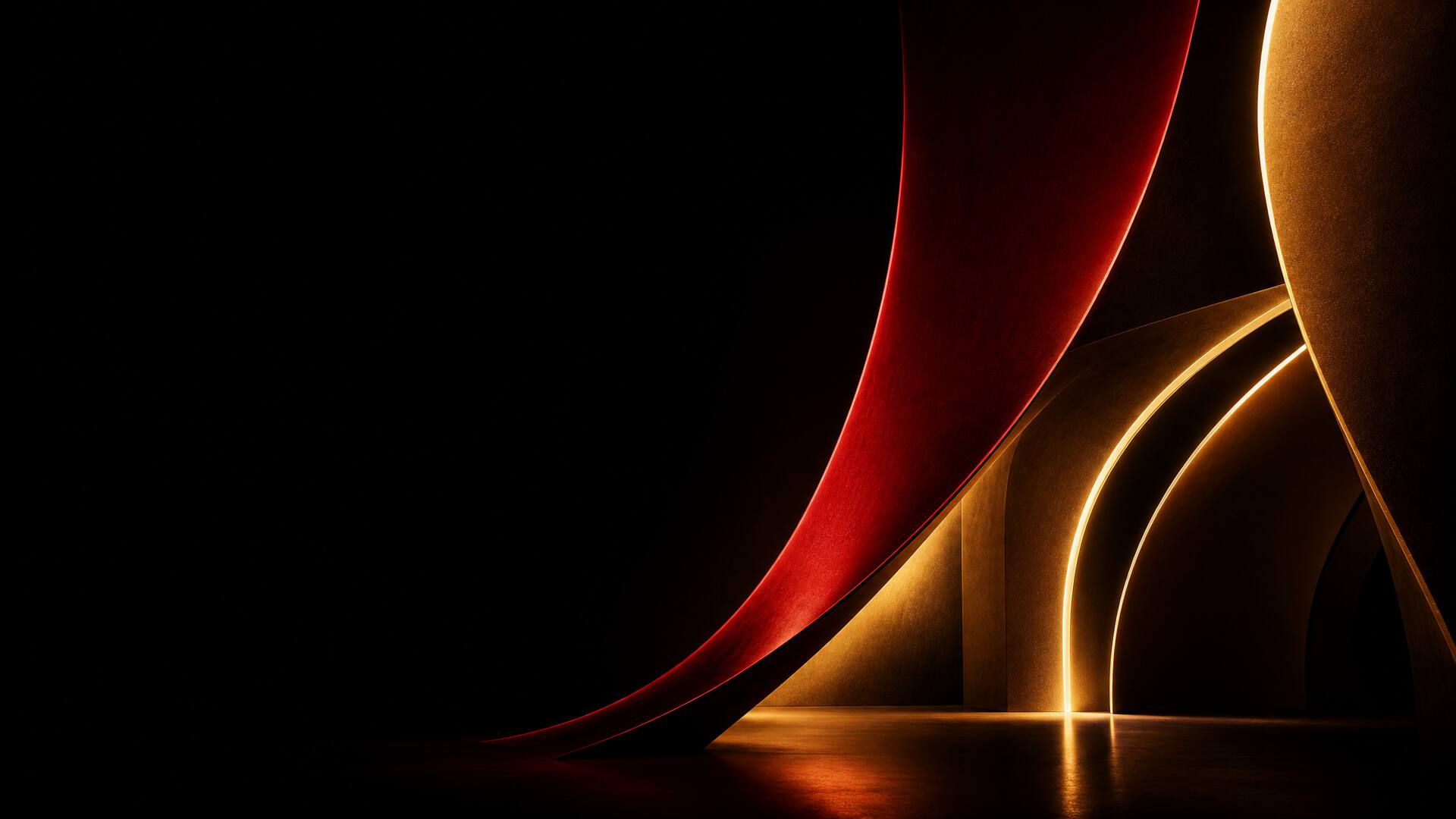Geschwungene rot-goldene Lichtkurven über einer architektonischen Struktur auf schwarzem Grund