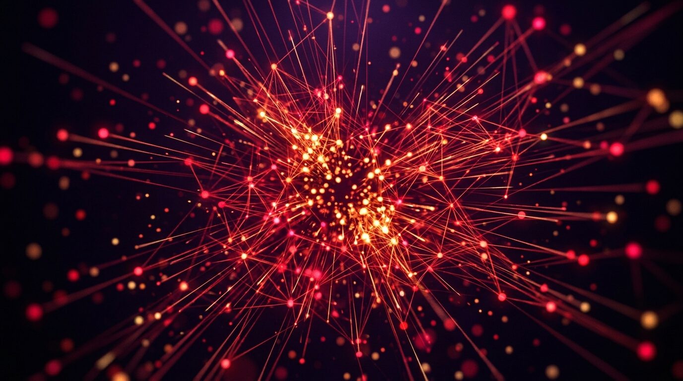Abstrakte leuchtende Sternexplosion aus roten und goldenen Lichtstrahlen auf schwarzem Grund
