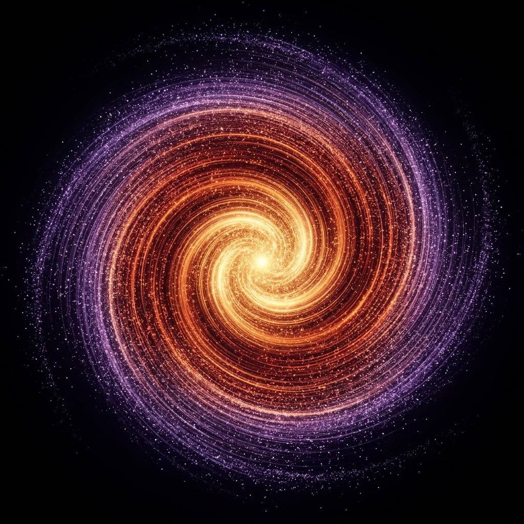 Abstrakter spiralförmiger Lichtwirbel in Gold, Rot und Violett auf schwarzem Grund