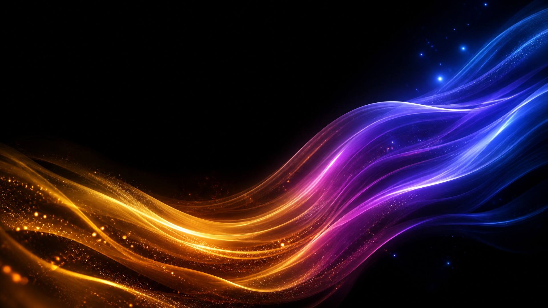 Abstrakte fließende Lichtwellen in Gold, Violett und Blau auf schwarzem Grund