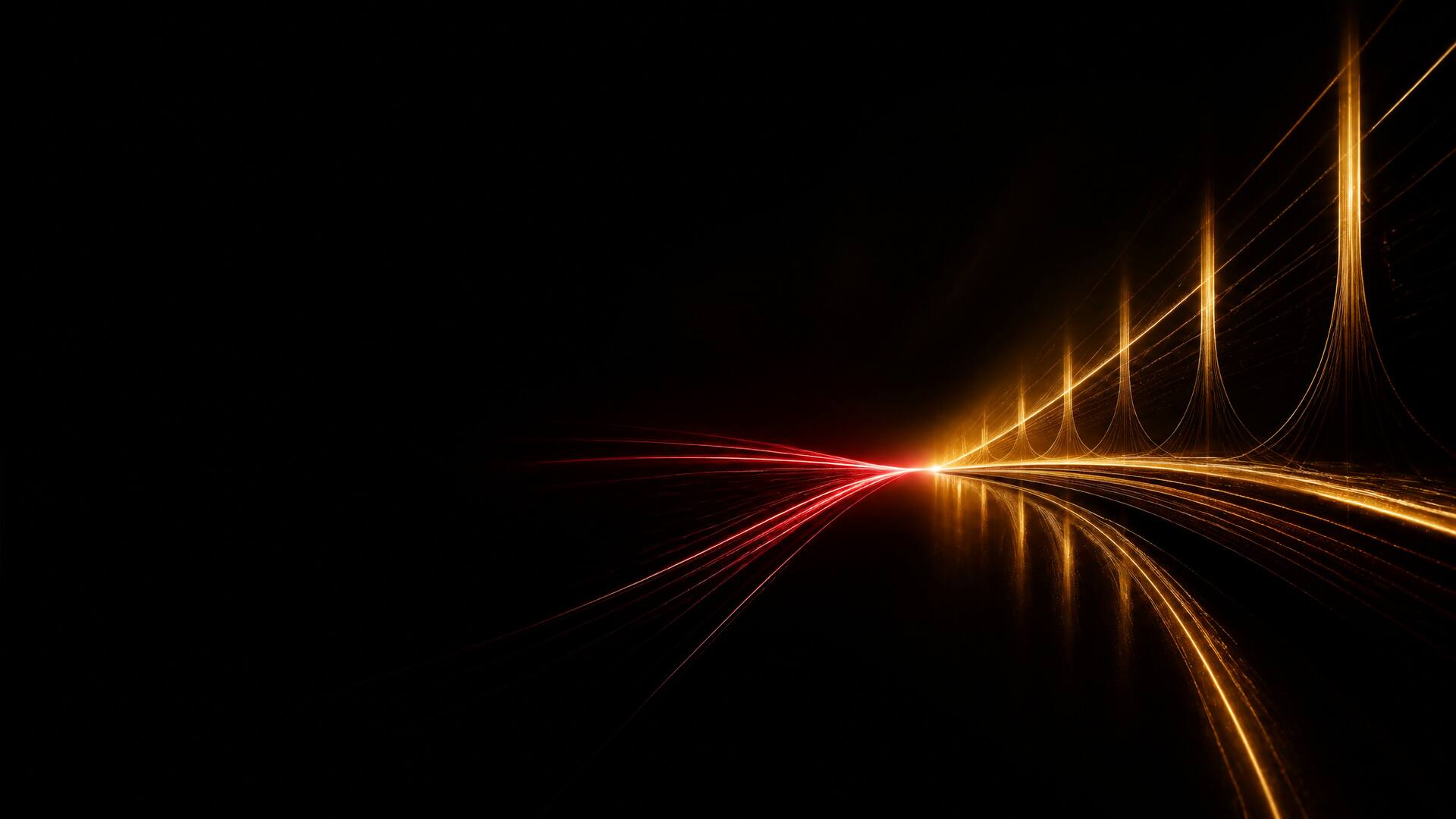 Konvergierende Lichtstrahlen bilden eine leuchtende Brücke auf schwarzem Grund
