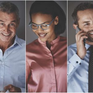 Collage of a diverse group of smiling businesspeople reading text messages or talking on their cellphones