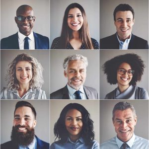 Collage of portraits of an ethnically diverse and mixed age group of focused businessmen and businesswomen